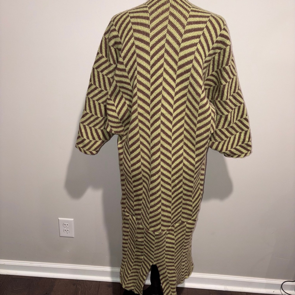 Boho Chevron Herringbone Handmade Duster Cardigan Women M Green Brown - Picture 4 of 9